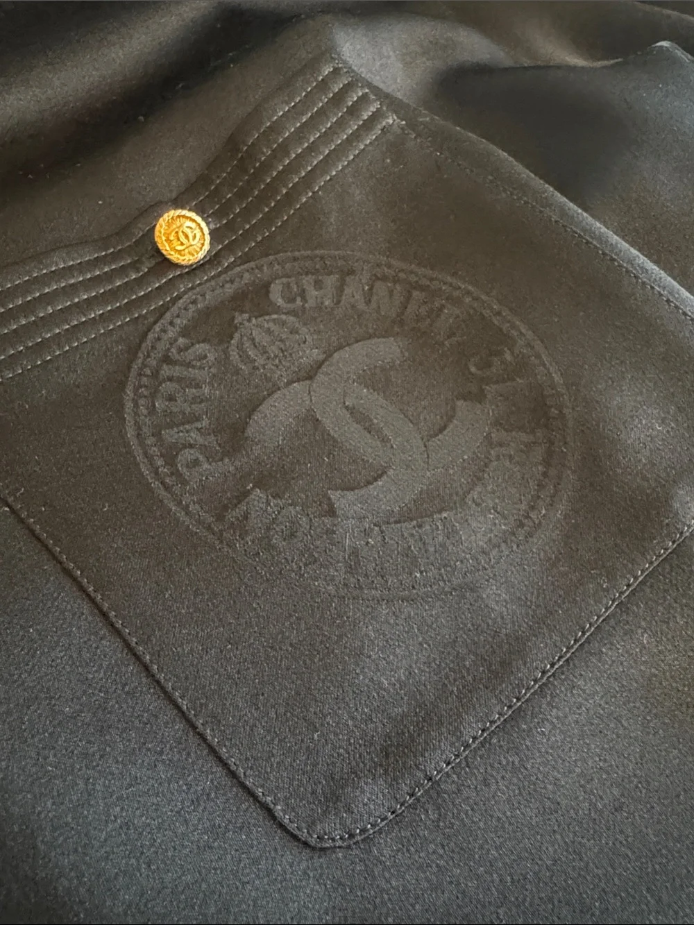CHANEL Black Silk Bow-Collar Blouse with Gold CC Buttons